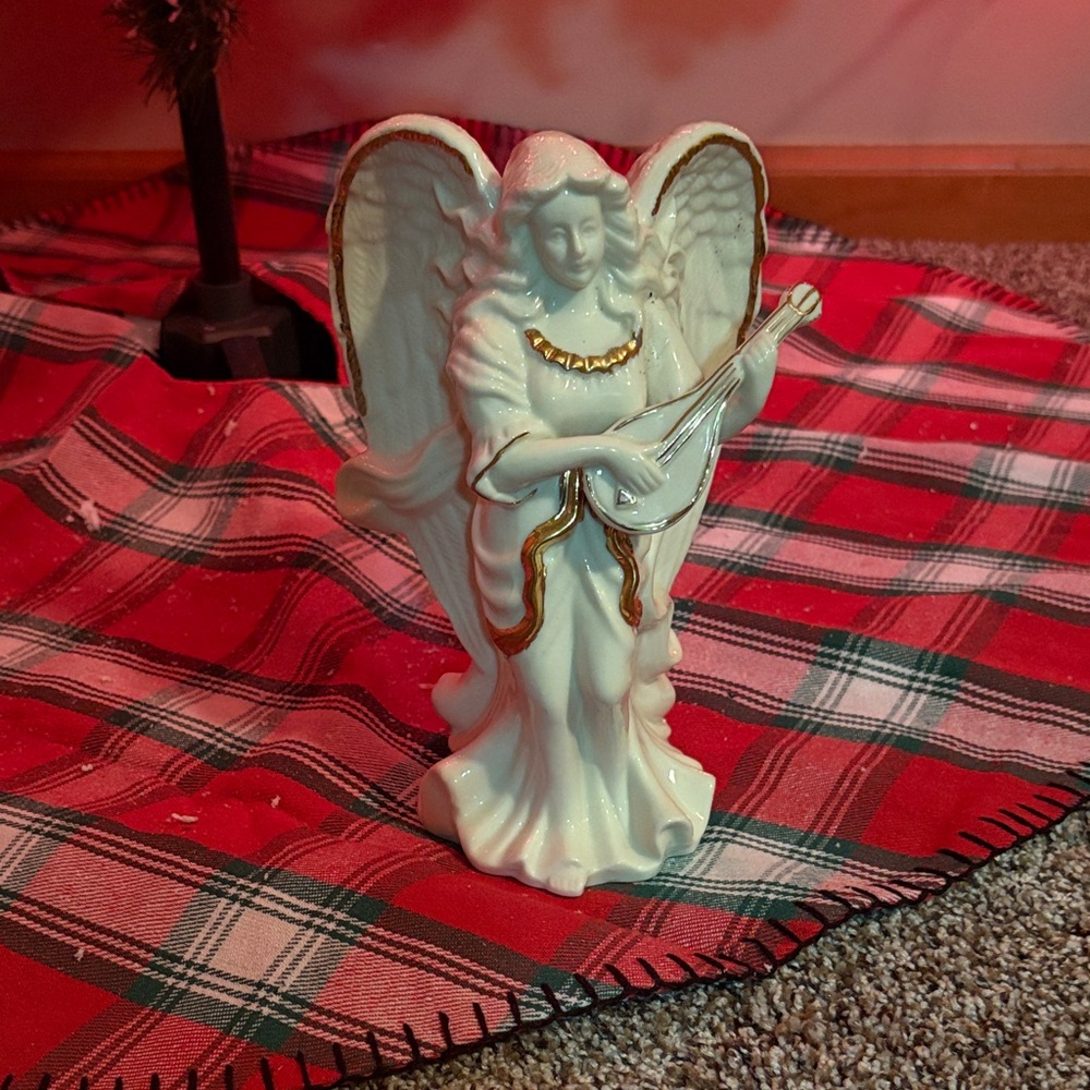 Ceramic Angel Figurine with Gold Accents and candle wick holder